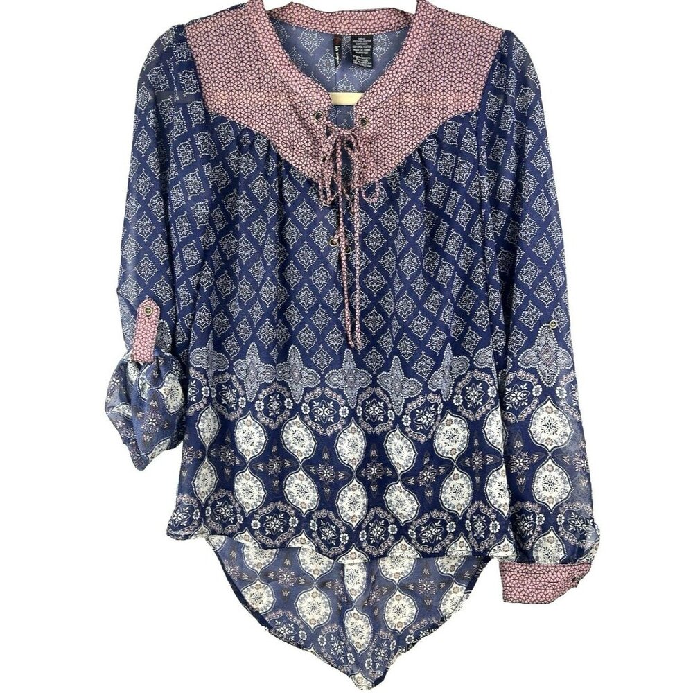 Fire Los Angeles LA Women's Top S Shirt Blouse Wearable Art Silky Sheer Roll Tab